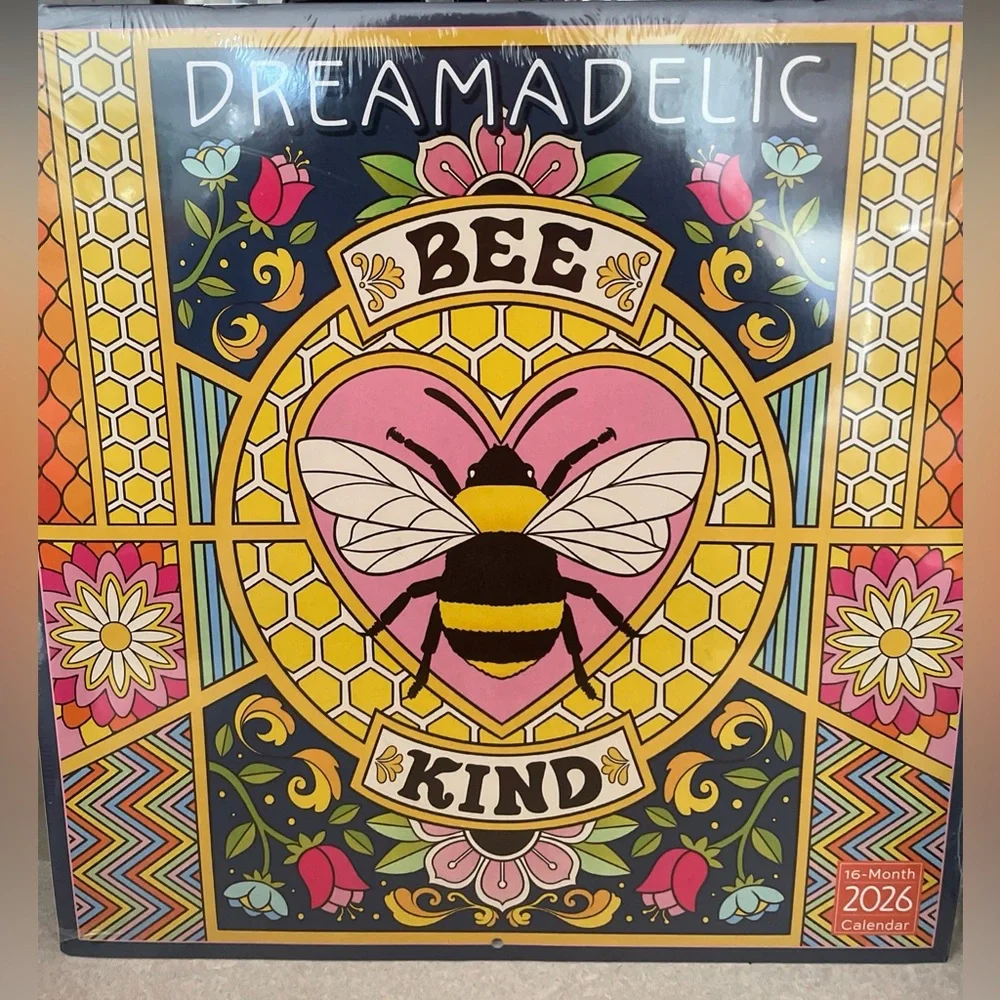 Dreamadelic Bee Kind 2026 Wall Calendar 12x12”Psychedelic Pop Art Retro Design